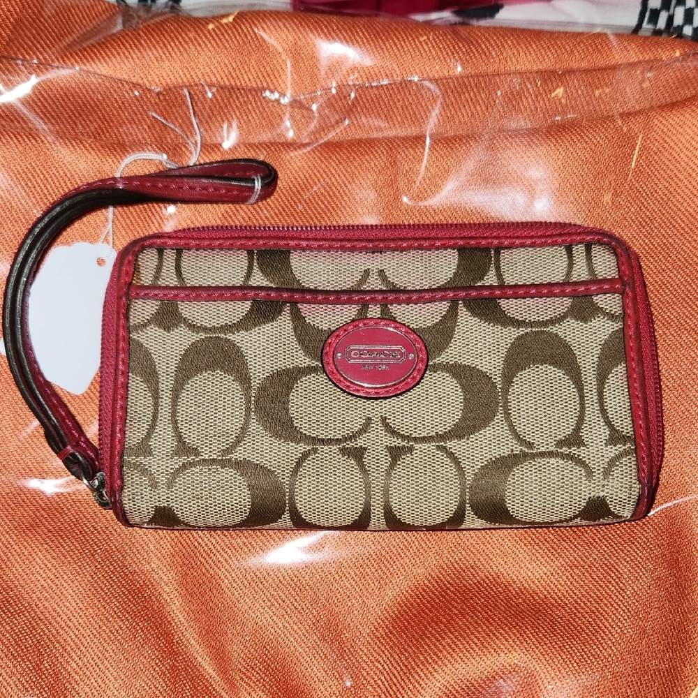 Coach Tan and Red Signature Wristlet - Picture 2 of 7